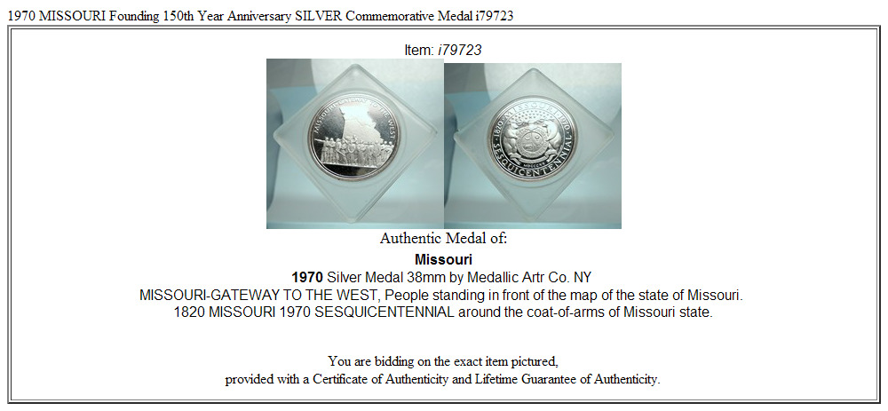 1970 MISSOURI Founding 150th Year Anniversary SILVER Commemorative Medal i79723