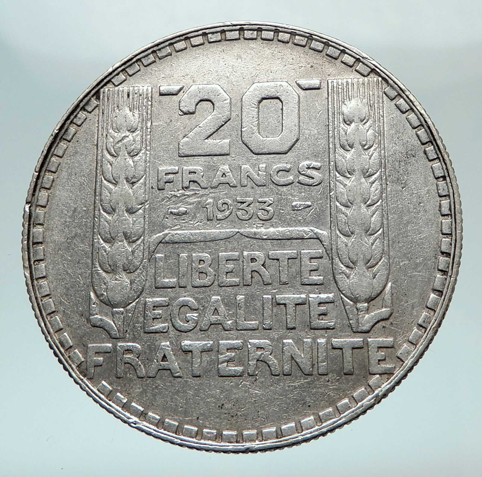 1933 FRANCE Authentic Large Silver 20 Francs Vintage French MOTTO Coin i80305