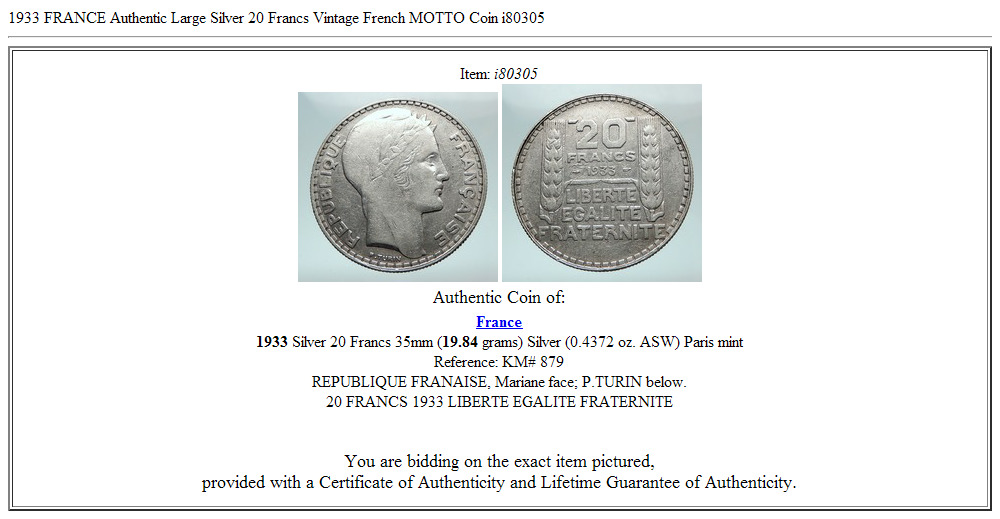 1933 FRANCE Authentic Large Silver 20 Francs Vintage French MOTTO Coin i80305