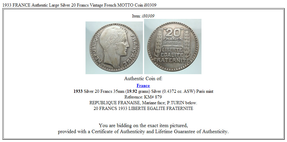 1933 FRANCE Authentic Large Silver 20 Francs Vintage French MOTTO Coin i80309