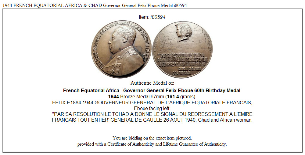 1944 FRENCH EQUATORIAL AFRICA & CHAD Governor General Felix Eboue Medal i80594