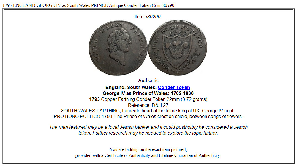 1793 ENGLAND GEORGE IV as South Wales PRINCE Antique Conder Token Coin i80290