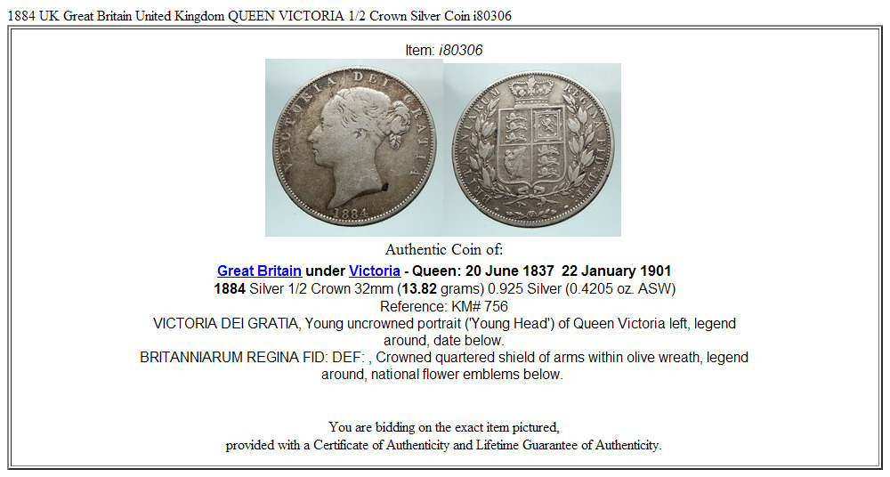 1884 UK Great Britain United Kingdom QUEEN VICTORIA 1/2 Crown Silver Coin i80306