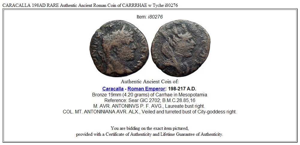 CARACALLA 198AD RARE Authentic Ancient Roman Coin of CARRRHAE w Tyche i80276