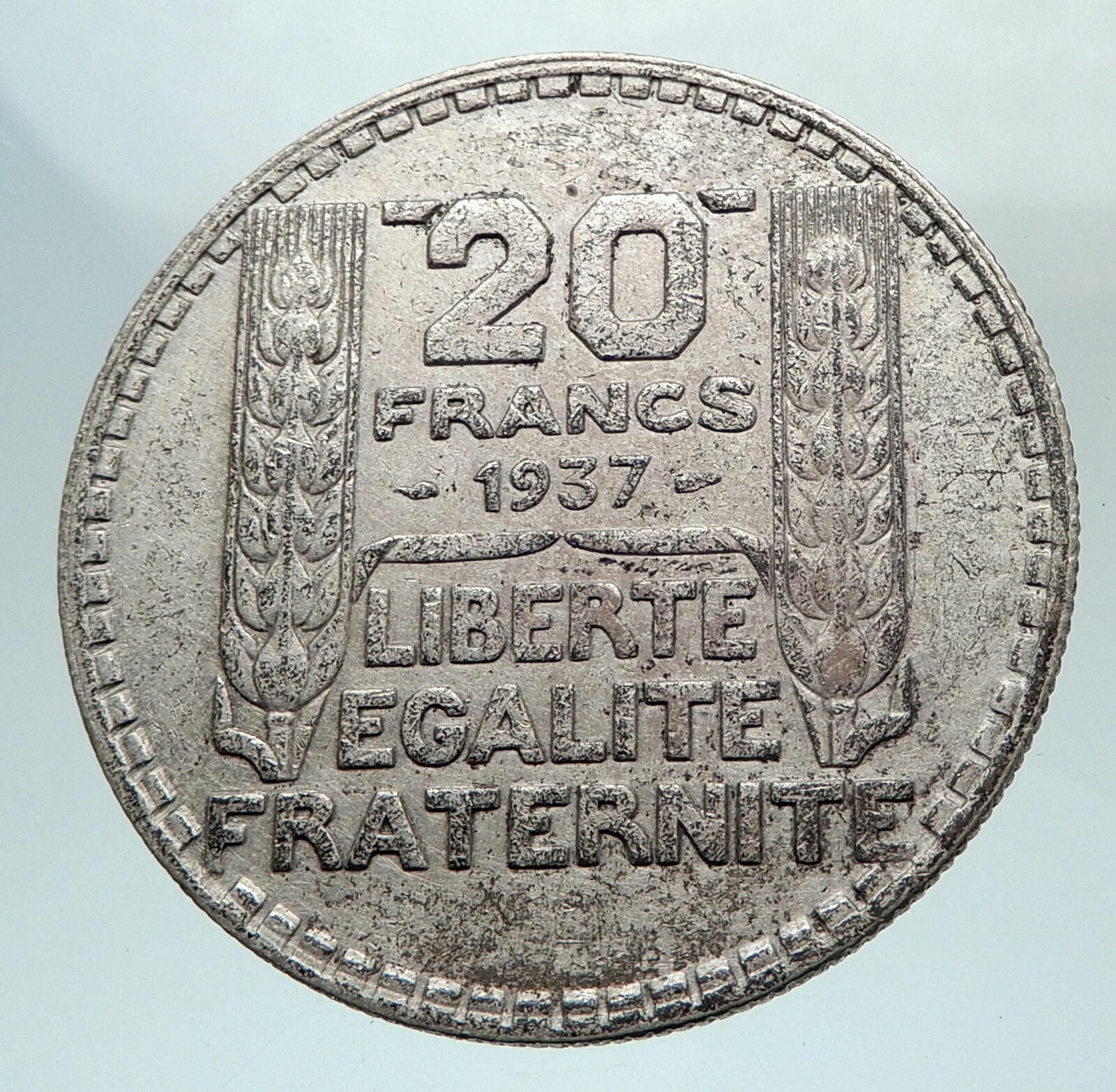 1937 FRANCE Authentic Large Silver 20 Francs Vintage French MOTTO Coin i80312