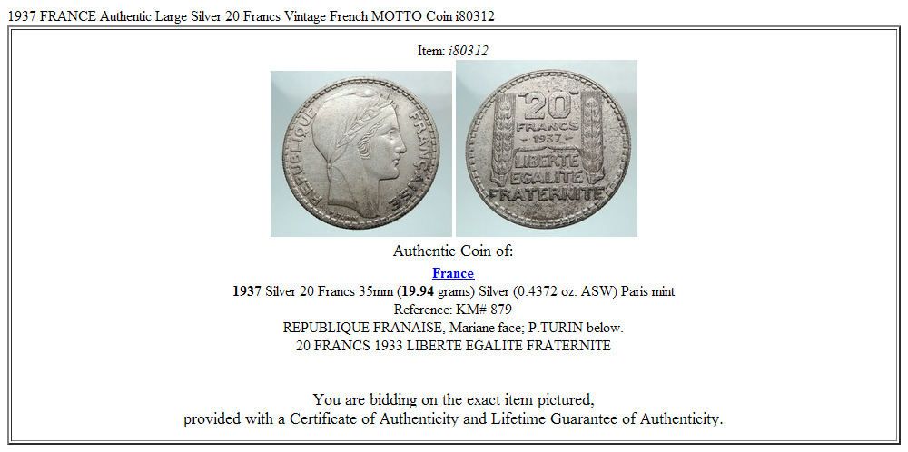 1937 FRANCE Authentic Large Silver 20 Francs Vintage French MOTTO Coin i80312