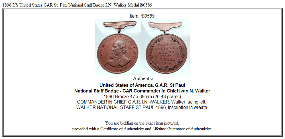 1896 US United States GAR St. Paul National Staff Badge I.N. Walker Medal i80589