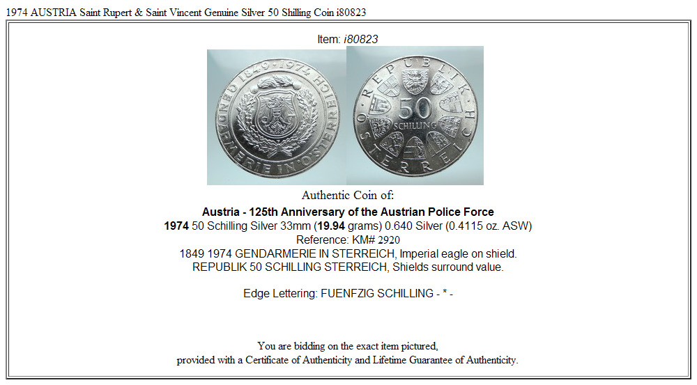 1974 AUSTRIA Austrian POLICE FORCE VINTAGE Old Silver 50 Shilling Coin i80823