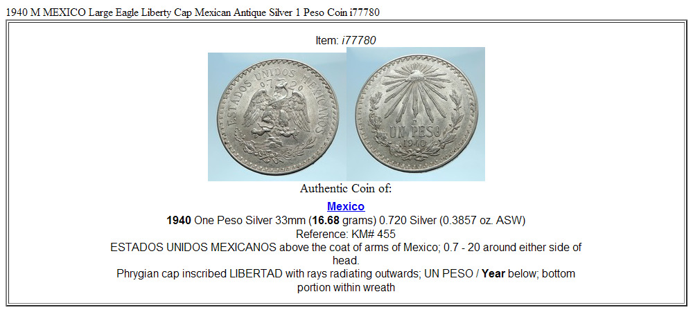 1940 M MEXICO Large Eagle Liberty Cap Mexican Antique Silver 1 Peso Coin i77780