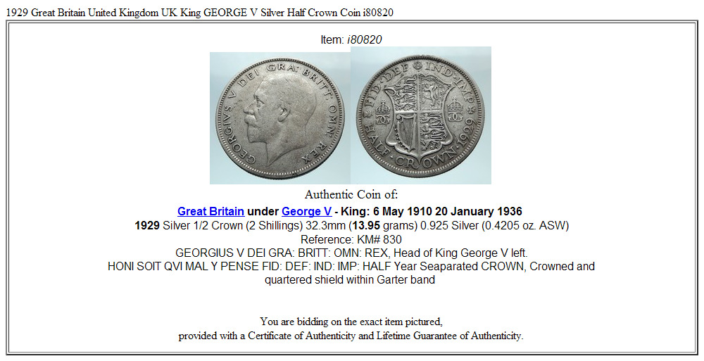 1929 Great Britain United Kingdom UK King GEORGE V Silver Half Crown Coin i80820