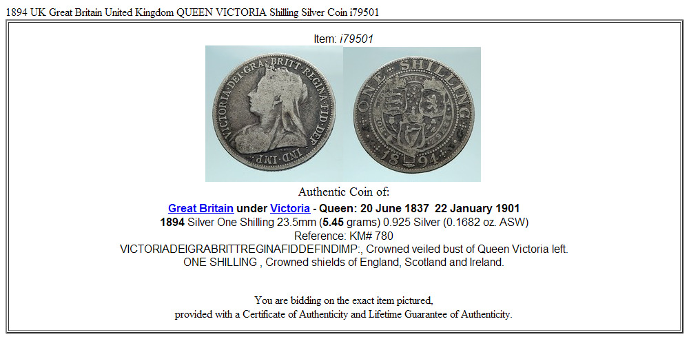 1894 UK Great Britain United Kingdom QUEEN VICTORIA Shilling Silver Coin i79501