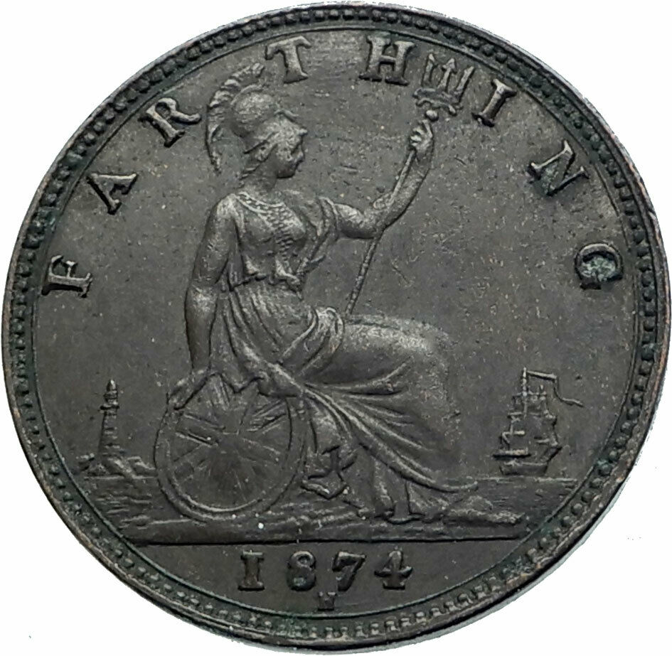 1874 UK Great Britain United Kingdom QUEEN VICTORIA Farthing Antique Coin i79503