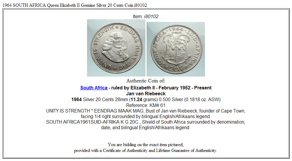 1964 SOUTH AFRICA Queen Elizabeth II Genuine Silver 20 Cents Coin i80102