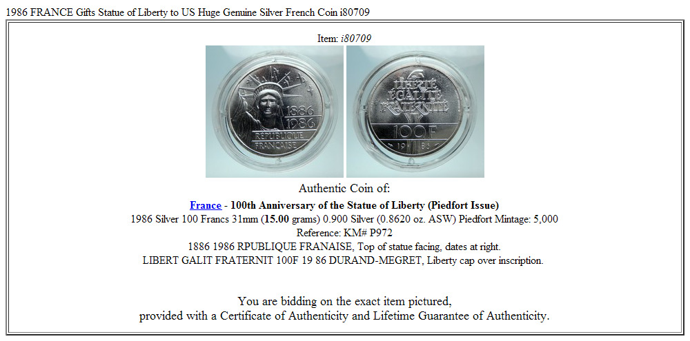 1986 FRANCE Gifts Statue of Liberty to US Huge Genuine Silver French Coin i80709