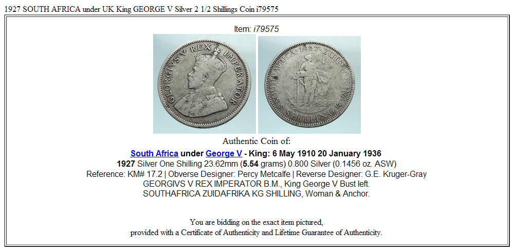 1927 SOUTH AFRICA under UK King GEORGE V Antique OLD Silver Shilling Coin i79575