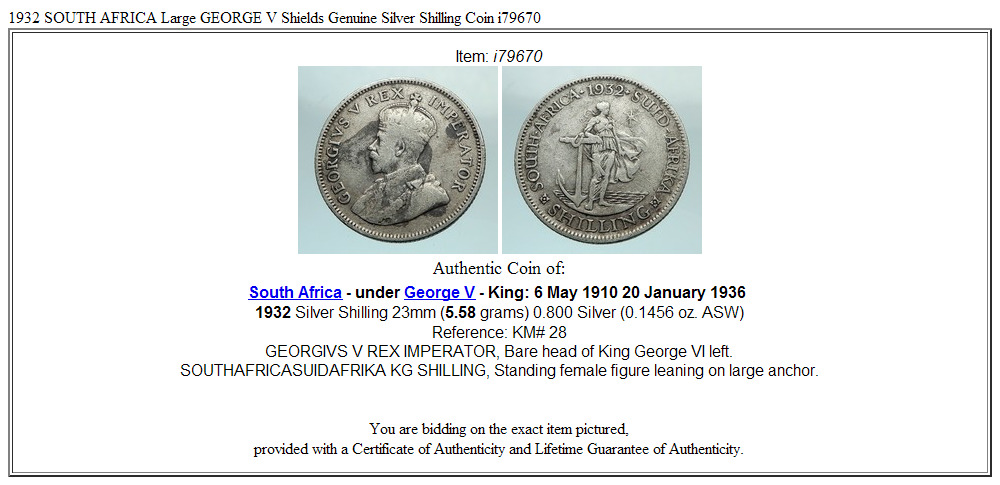 1932 SOUTH AFRICA Large GEORGE V Shields Genuine Silver Shilling Coin i79670