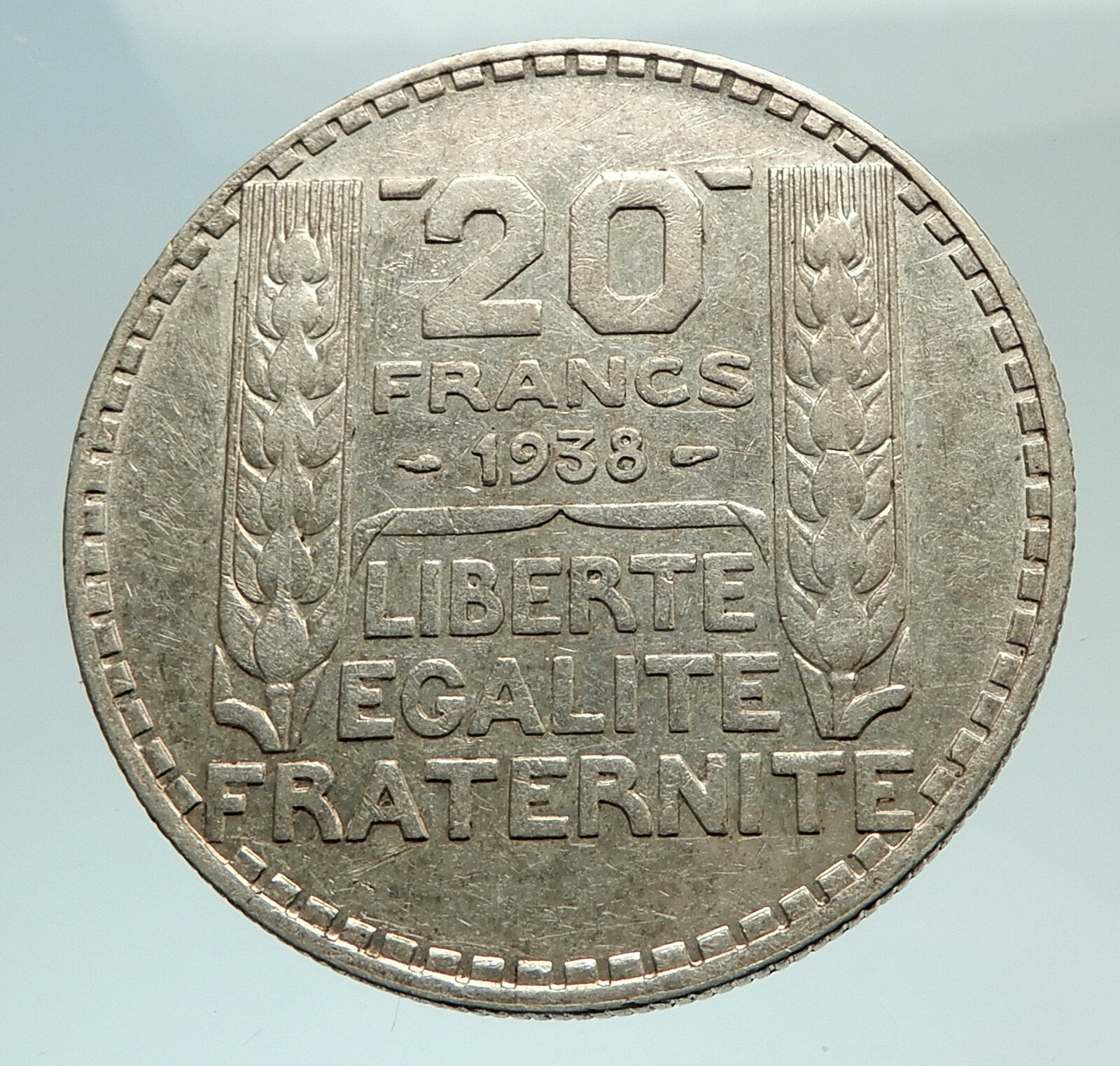 1938 FRANCE Authentic Large Silver 20 Francs Genuine French MOTTO Coin i77006