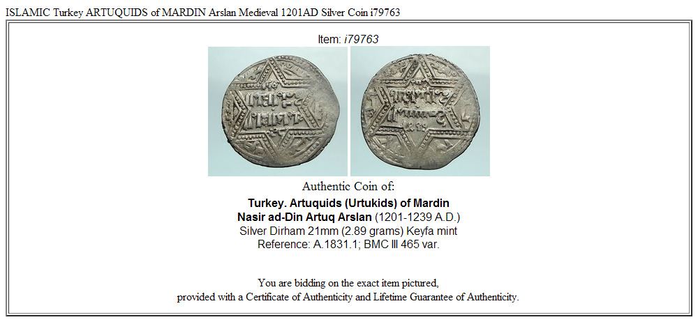 ISLAMIC Turkey ARTUQUIDS of MARDIN Arslan Medieval 1201AD Silver Coin i79763
