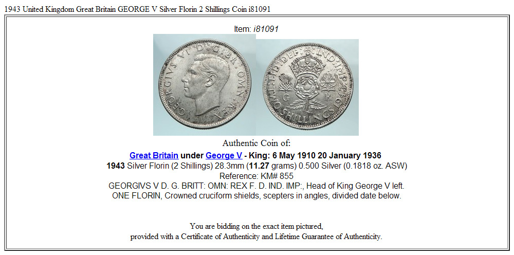 1943 United Kingdom Great Britain GEORGE V Silver Florin 2 Shillings Coin i81091