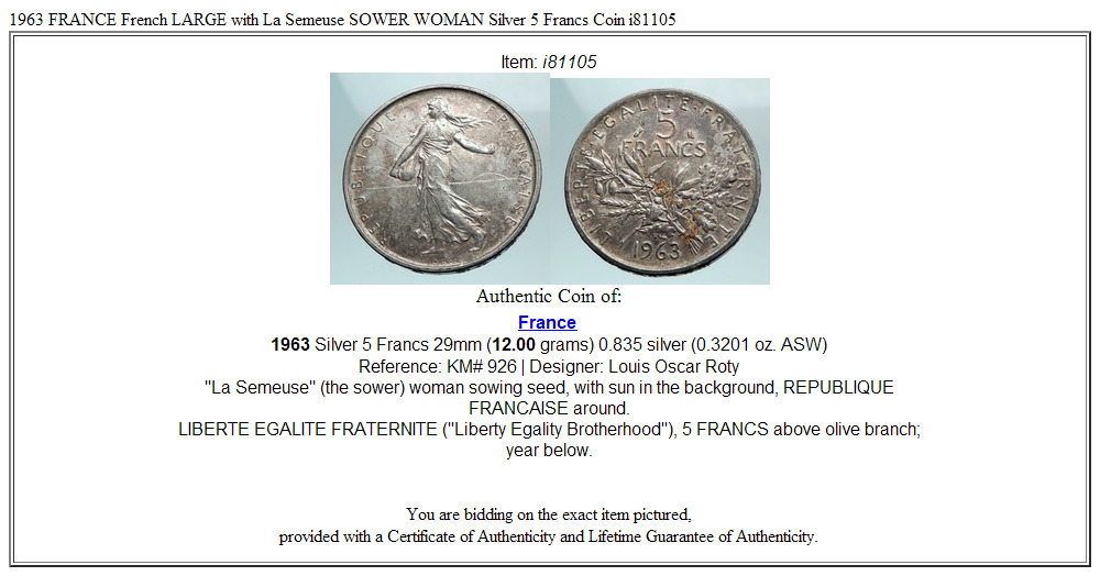 1963 FRANCE French LARGE with La Semeuse SOWER WOMAN Silver 5 Francs Coin i81105