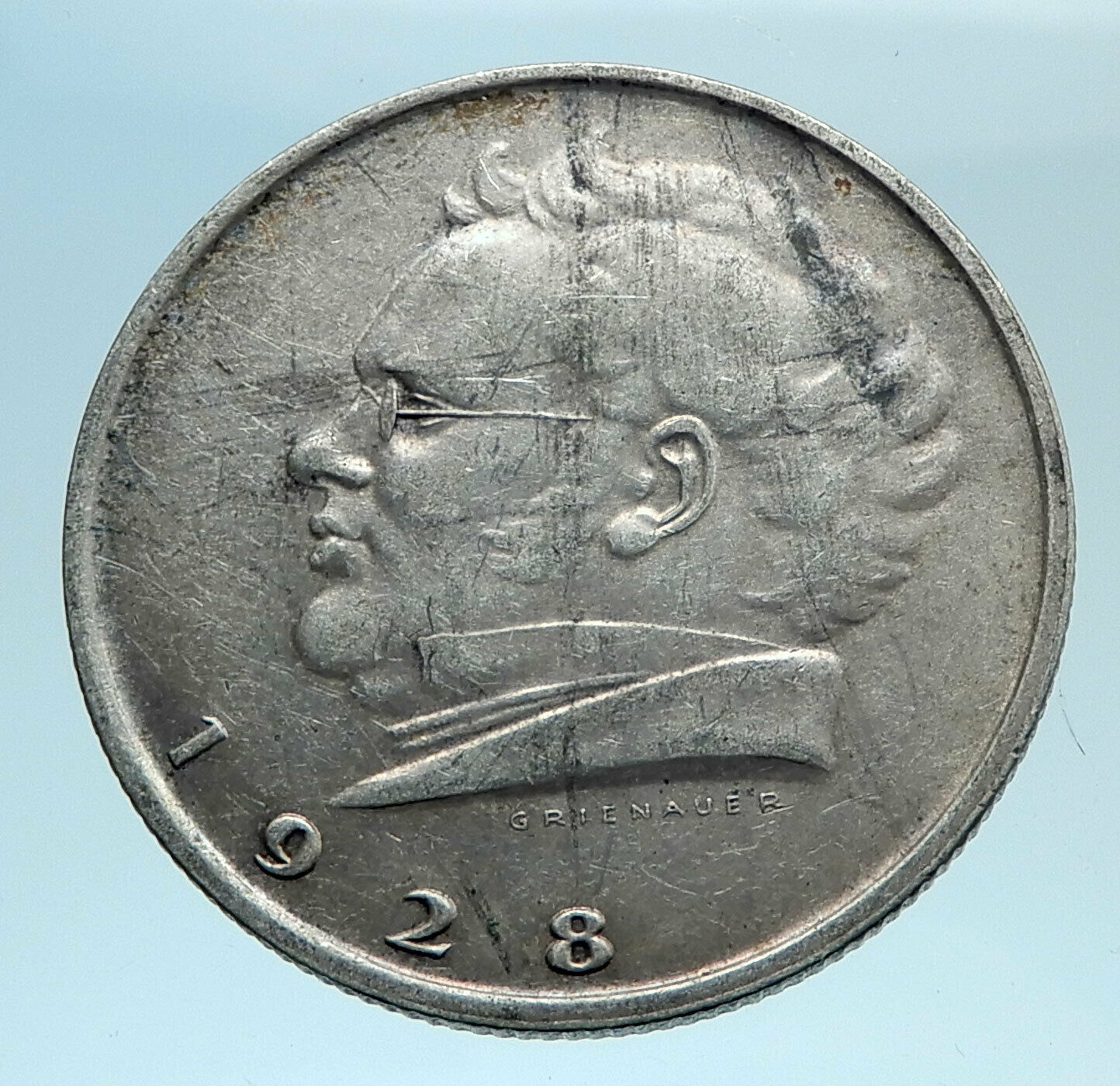 1928 AUSTRIA with Composer Franz Schubert Antique Silver 2 Schilling Coin i77671