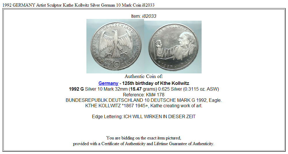 1992 GERMANY Artist Sculptor Kathe Kollwitz Silver German 10 Mark Coin i82033