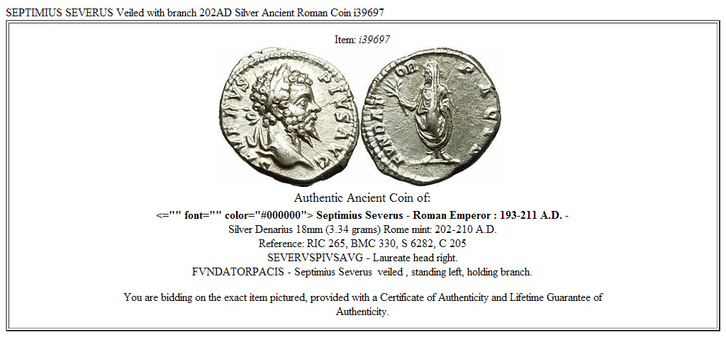 SEPTIMIUS SEVERUS Veiled with branch 202AD Silver Ancient Roman Coin i39697