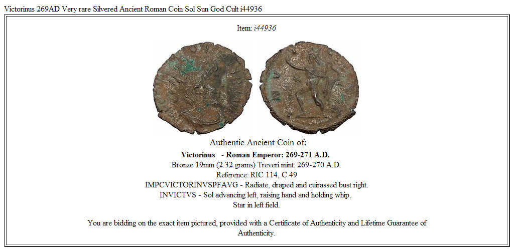Victorinus 269AD Very rare Silvered Ancient Roman Coin Sol Sun God Cult i44936