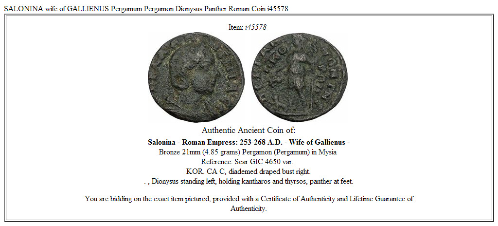 SALONINA wife of GALLIENUS Pergamum Pergamon Dionysus Panther Roman Coin i45578