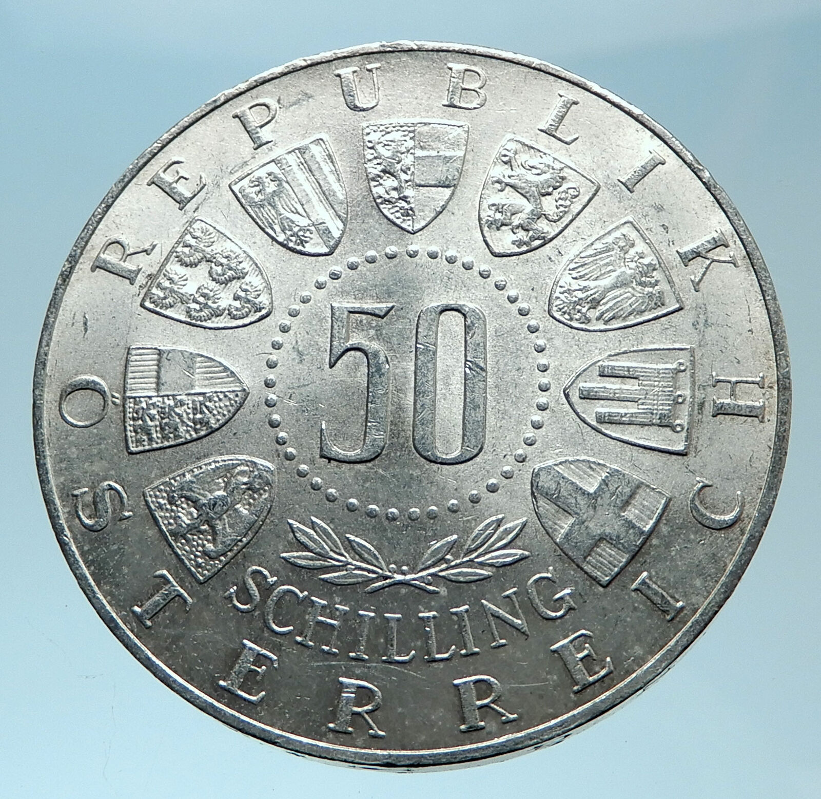 1963 AUSTRIA Tyrol and Austrian Shields Genuine Silver 50 Shilling Coin i78094