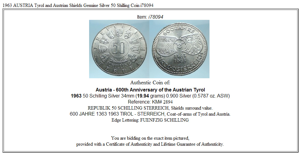 1963 AUSTRIA Tyrol and Austrian Shields Genuine Silver 50 Shilling Coin i78094