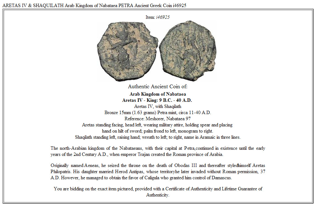 ARETAS IV & SHAQUILATH Arab Kingdom of Nabataea PETRA Ancient Greek Coin i46925