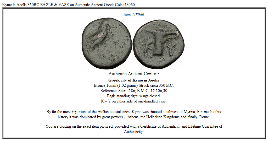 Kyme in Aeolis 350BC EAGLE & VASE on Authentic Ancient Greek Coin i48060