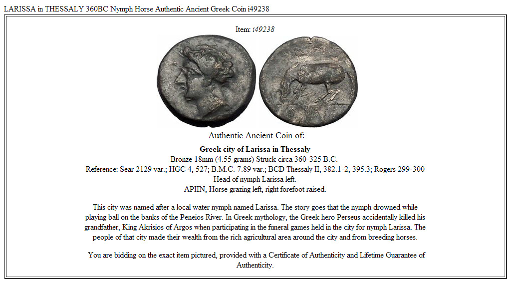 LARISSA in THESSALY 360BC Nymph Horse Authentic Ancient Greek Coin i49238