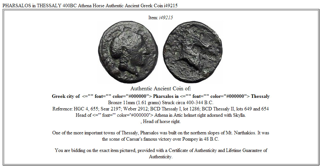 PHARSALOS in THESSALY 400BC Athena Horse Authentic Ancient Greek Coin i49215