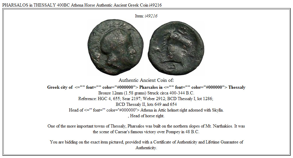PHARSALOS in THESSALY 400BC Athena Horse Authentic Ancient Greek Coin i49216