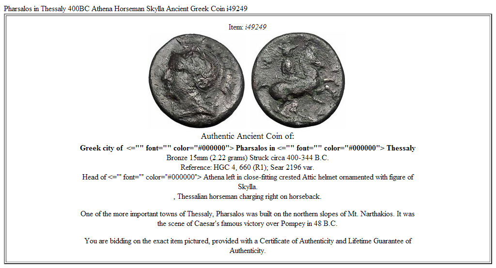 Pharsalos in Thessaly 400BC Athena Horseman Skylla Ancient Greek Coin i49249