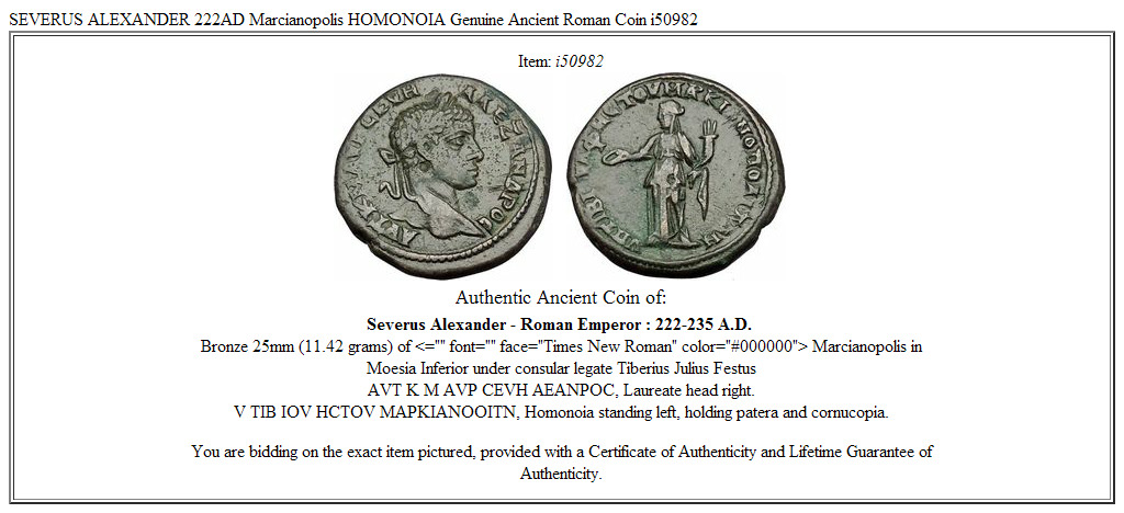 SEVERUS ALEXANDER 222AD Marcianopolis HOMONOIA Genuine Ancient Roman Coin i50982