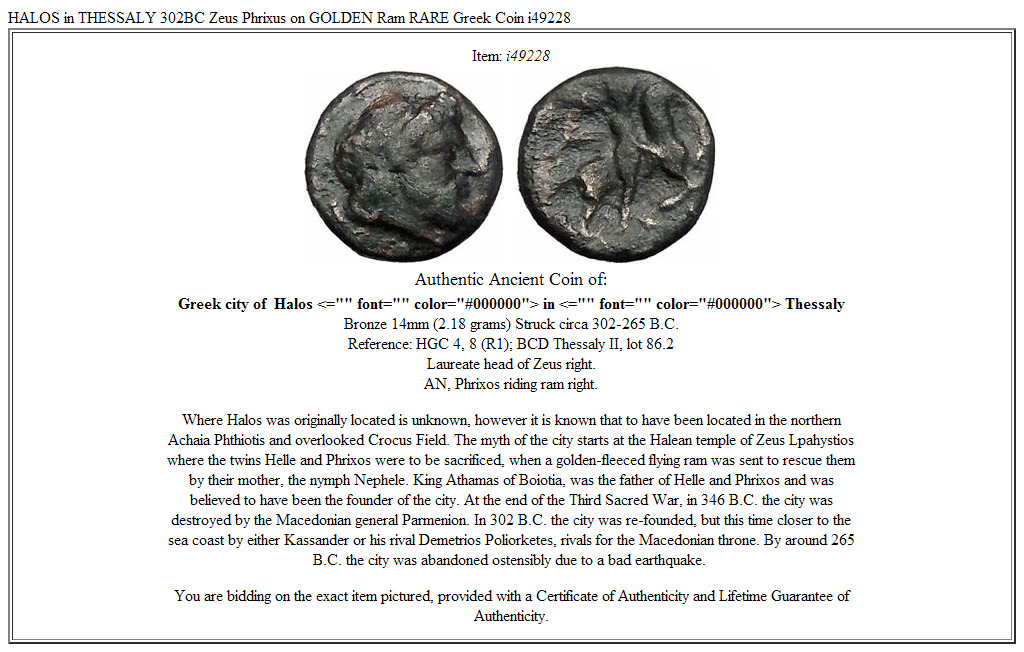 HALOS in THESSALY 302BC Zeus Phrixus on GOLDEN Ram RARE Greek Coin i49228