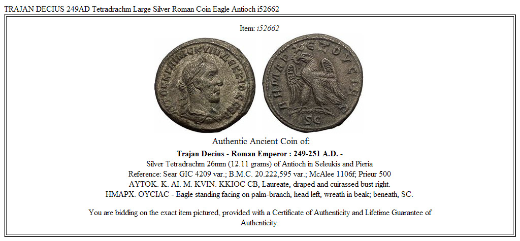 TRAJAN DECIUS 249AD Tetradrachm Large Silver Roman Coin Eagle Antioch i52662