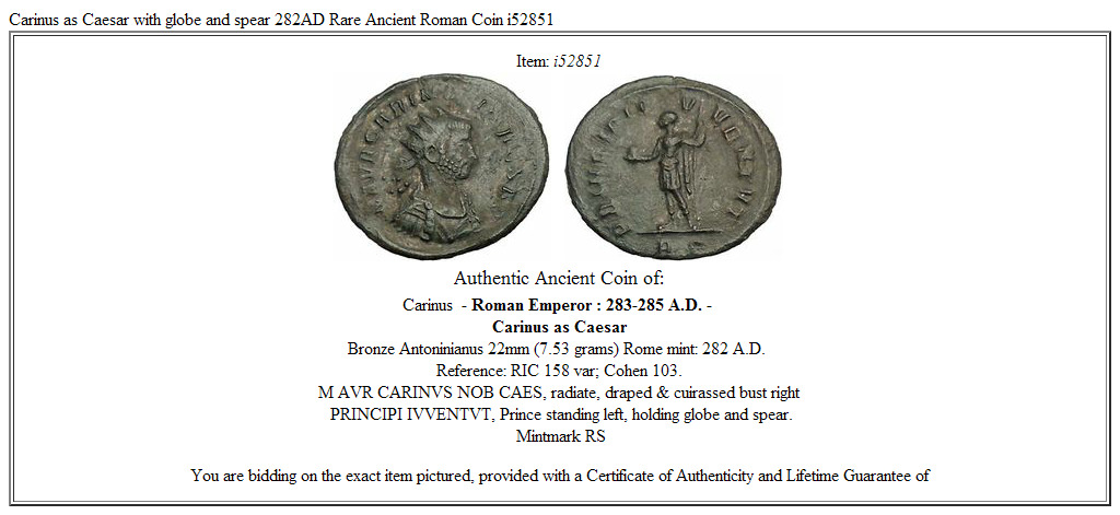 Carinus as Caesar with globe and spear 282AD Rare Ancient Roman Coin i52851