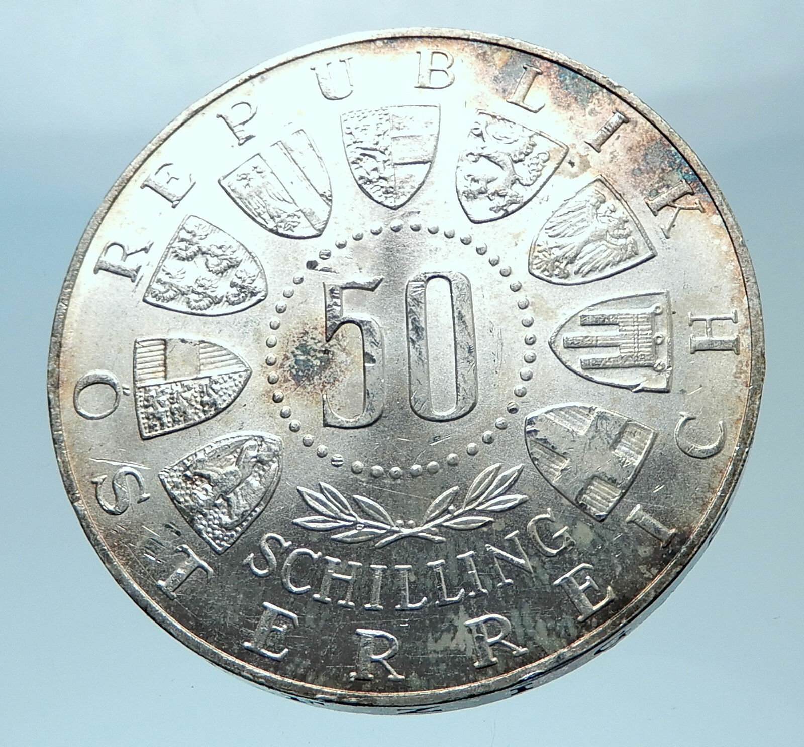 1963 AUSTRIA Tyrol and Austrian Shields Genuine Silver 50 Shilling Coin i77845