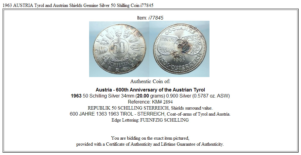 1963 AUSTRIA Tyrol and Austrian Shields Genuine Silver 50 Shilling Coin i77845