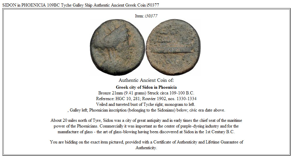 SIDON in PHOENICIA 109BC Tyche Galley Ship Authentic Ancient Greek Coin i50377