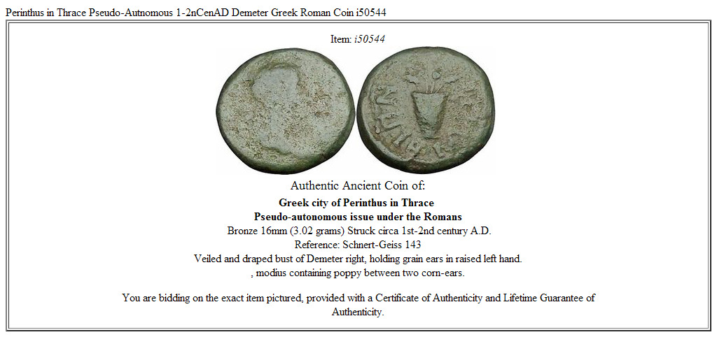 Perinthus in Thrace Pseudo-Autnomous 1-2nCenAD Demeter Greek Roman Coin i50544