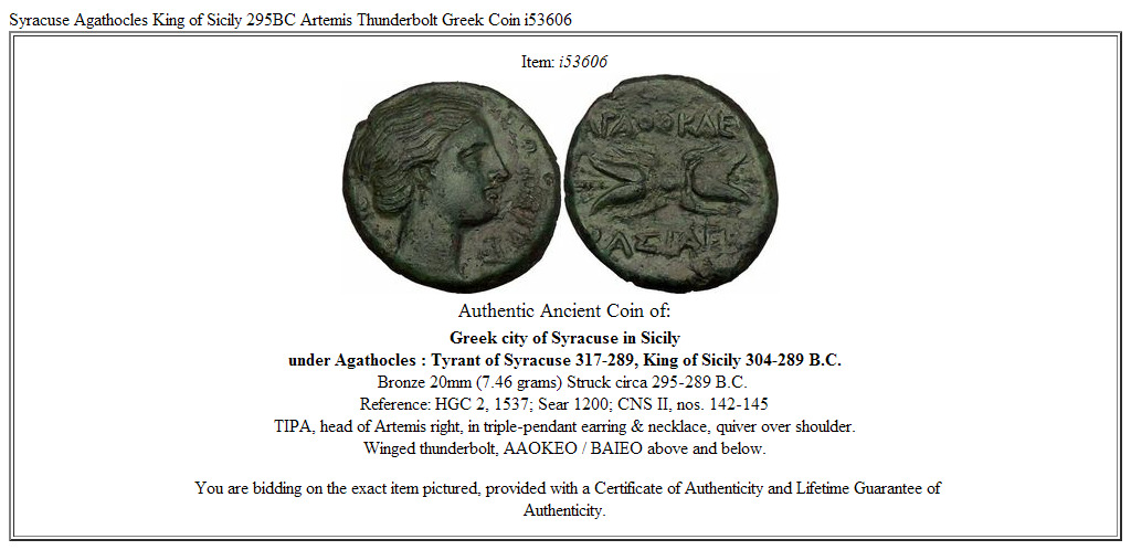 Syracuse Agathocles King of Sicily 295BC Artemis Thunderbolt Greek Coin i53606