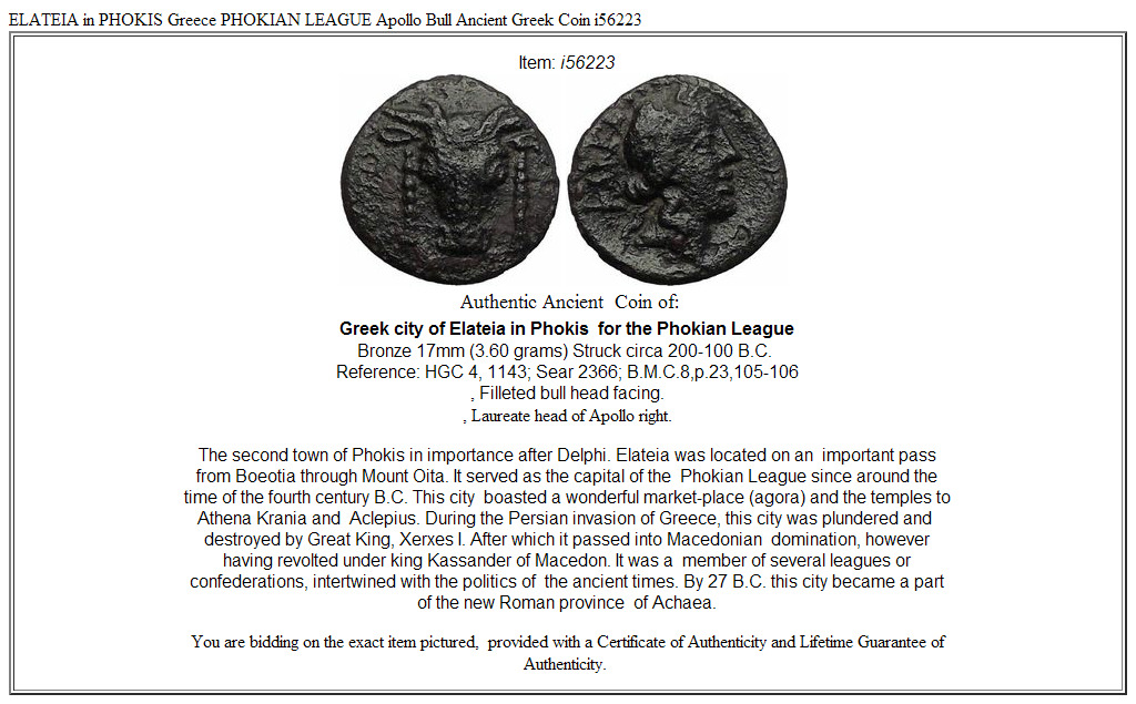 ELATEIA in PHOKIS Greece PHOKIAN LEAGUE Apollo Bull Ancient Greek Coin i56223