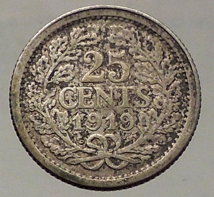 1919 Netherlands Queen WILHELMINA 25 Cents Wreath Authentic Silver Coin i57797