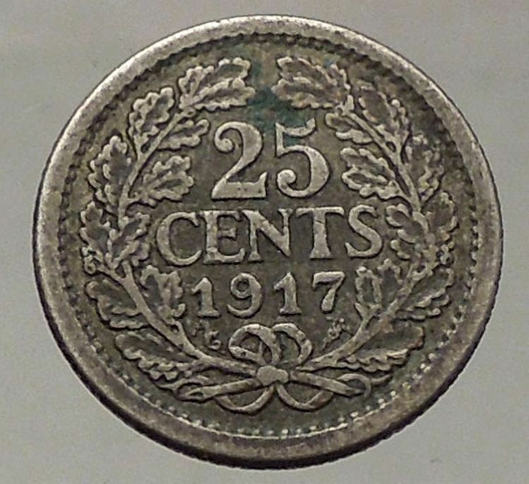 1917 Netherlands Queen WILHELMINA 25 Cents Wreath Authentic Silver Coin i57794