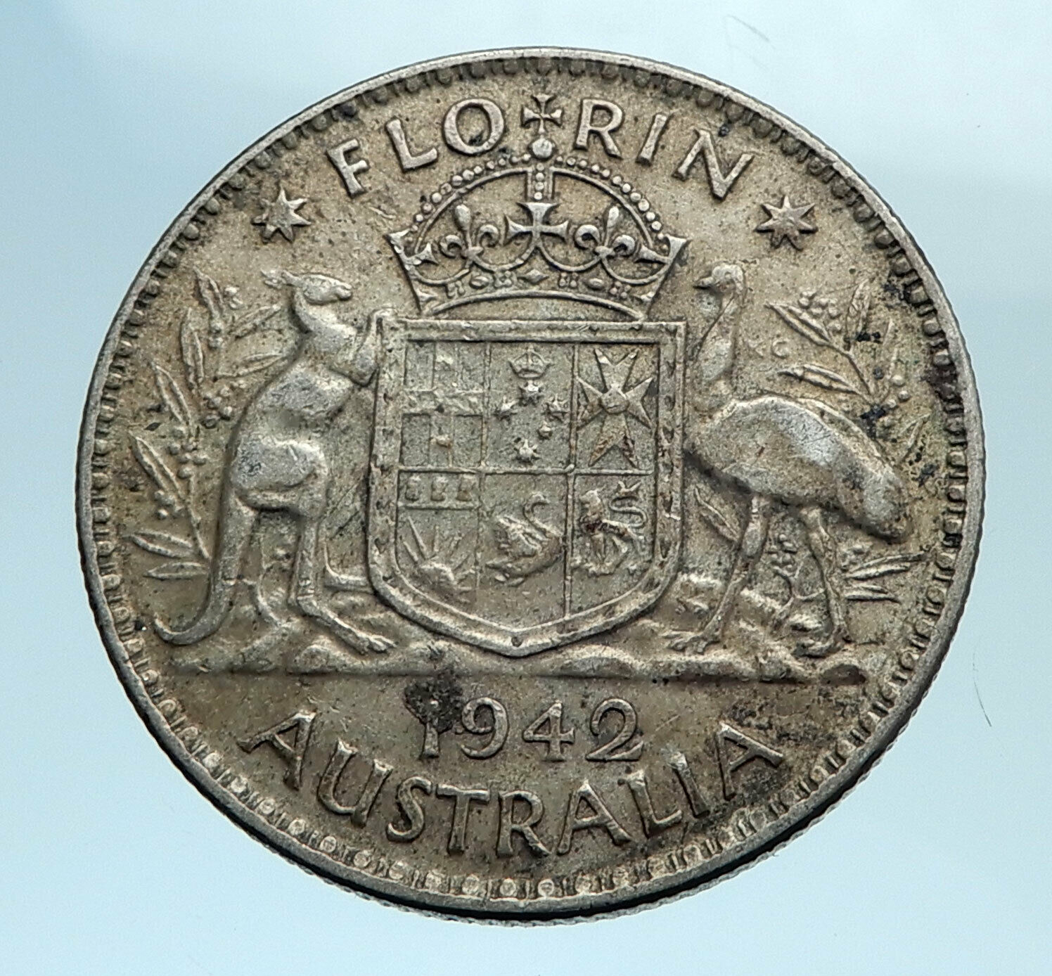 1942 AUSTRALIA Large King George VI Kangaroos Antique Silver Florin Coin i77749